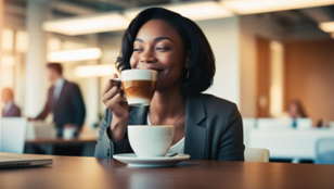 Mujer feliz con café